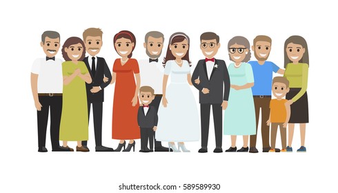 Wedding guests group portrait. Smiling newlyweds with closest relatives and best friends standing together flat vector isolated on white. Happy family illustration for marriage celebrating concepts