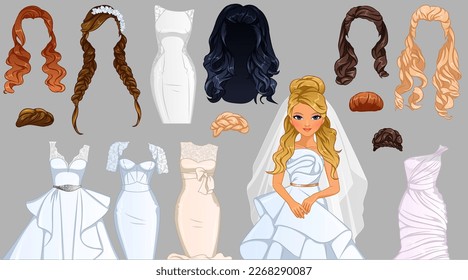 Wedding Hairstyles Paper Doll. Vector Illustration