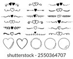 Wedding hand drawn borders and dividers set with hearts and frame with eucalyptus branches, botanical design elements