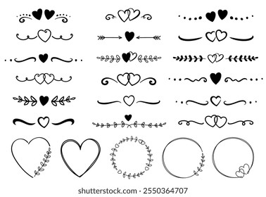 Wedding hand drawn borders and dividers set with hearts and frame with eucalyptus branches, botanical design elements