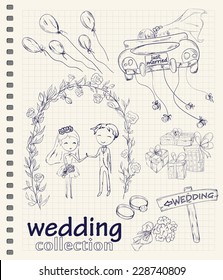 Wedding hand drawn doodle collection for wedding ceremony organizer. Just married couple in retro car dragging cans. Bride and groom under flower arch. Vector illustration.