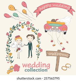 Wedding hand drawn doodle collection for wedding ceremony organizer. Just married couple in retro car dragging cans. Bride and groom under an flower arch. Vector illustration.