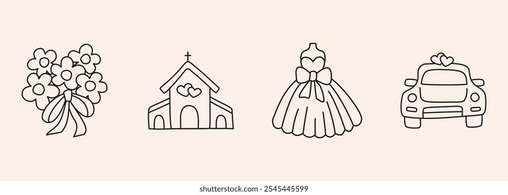 Boda dibujado a mano doodle icono conjunto - ramo de flores, vestido, iglesia, coche. Boceto en estilo orgánico símbolo de Vector sobre fondo blanco para invitación de decoración festiva, tarjeta, Anuncio, menú.