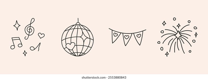 Wedding hand drawn doodle icon set - music, disco ball, flag pendant garland, fireworks. Sketch in organic style vector marriage symbol on white background for festive decoration invitation, card