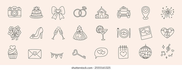 Wedding hand drawn doodle icon set - star, sparkle, heart, rings, glasses, car, church, bow, dress, cake, envelope. Sketch vector marriage symbol on white background for decoration invitation, card.