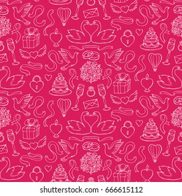 Wedding hand drawn doodle seamless pattern on pink background. Romantic wallpaper for textile prints, coloring page.