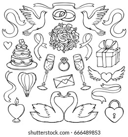 Wedding hand drawn doodle set. Romantic outline objects for coloring page.
