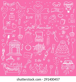  Wedding  hand drawn doodle. Vector illustration for backgrounds, cards, posters, invitations, web design