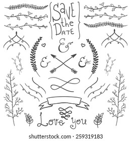 Wedding hand drawn doodles design elements