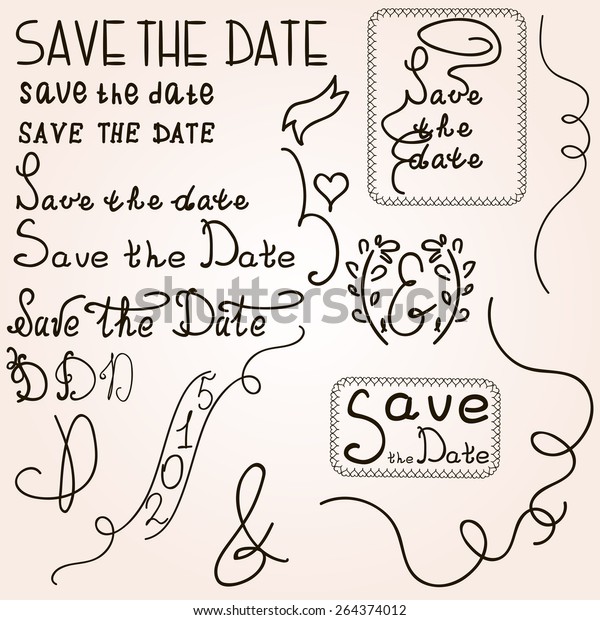 Wedding hand drawn doodles design elements. text.\
Save the date. Ampersand.\
Letters