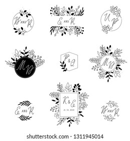 Wedding hand drawn elegant logo set, delicate monogram collection with branches, leaves. Line art. Romantic save the date icon concept. Clean isolated symbols on white background. Vector illustration