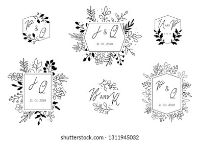 Wedding hand drawn elegant logo set, delicate monogram collection with branches, leaves. Line art. Romantic save the date icon concept. Clean isolated symbols on white background. Vector illustration