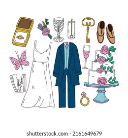 Juego plano dibujado a mano de casamiento. Juego de vectores de ropa de boda, pasteles, campanas y otros elementos para guardar las tarjetas de fecha e invitaciones de boda en estilo doodle.