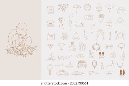 Icono dibujado a mano de boda, doodle, clipart, colección de arte de línea que incluye anillo, pareja, auto, cámara, vestido, pastel y más dibujos.