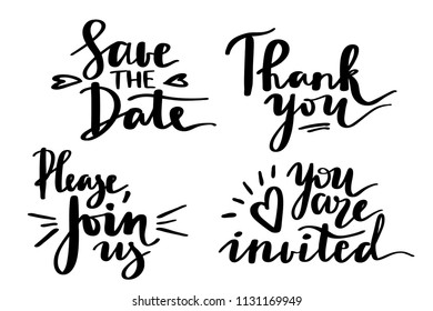 Wedding hand drawn lettering collection: Save the Date, Please, join us, Thank you, you are invited. For wedding invitations and cards design.