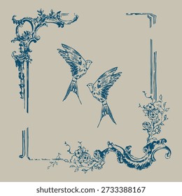 Wedding hand drawn line floral frame. Vintage wedding greenery wreath with birds. Vector illustration botanical decoration elements for wedding invitation, greeting card, vintage label