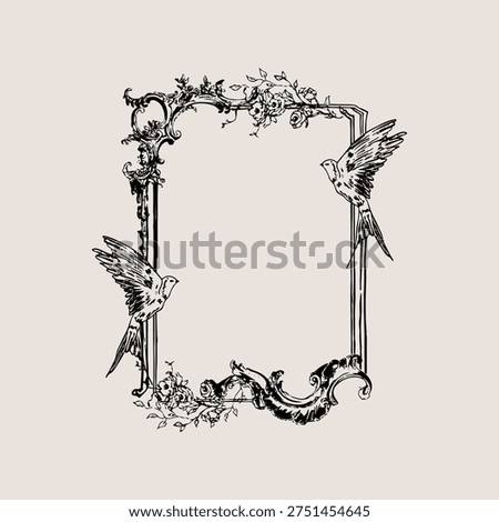 Wedding hand drawn line floral frame. Vintage wedding greenery wreath with birds. Vector illustration botanical decoration elements for wedding invitation, greeting card, vintage label