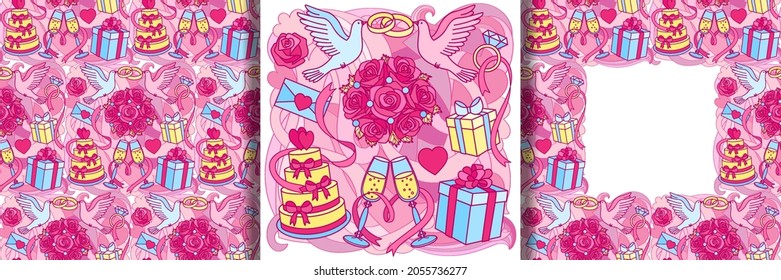 Wedding Hand Drawn print, seamless frame and pattern