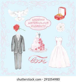 Wedding hand drawn watercolor elements. Vector illustration for cards, posters, invitations, web design