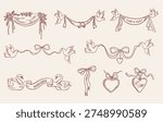 Wedding hand drawn whimsical drawings of curtains, drapes, ribbons and bows, Doves carrying banners and couple of swans. Elegant romantic rustic illustrations, perfect for save the date, bridal shower