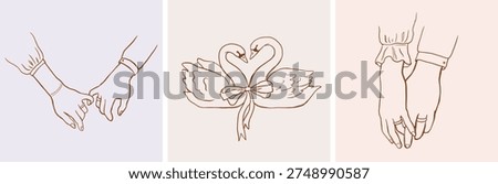 Wedding hand drawn whimsical drawings of two swan and couple holding hands. Elegant vintage romantic design, perfect for save the date, bridal shower invitation and wedding stationary. Vector design