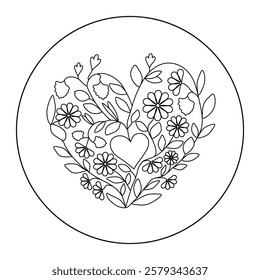 Wedding Hand Embroidery Floral Heart for a round hoop, vector illustration. Hand drawn love heart decorated of flowers, line art, Valentine's Day gift, cute simple style, digital art, black and white