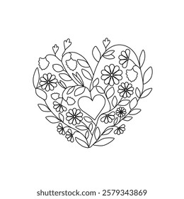 Wedding Hand Embroidery Floral Heart. Vector illustration. Hand drawn love heart decorated of flowers, line art, Valentine's Day gift, cute simple style, digital art, black and white, white background