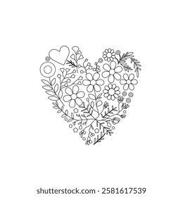 Wedding Hand Embroidery Floral Heart Love. 2. Vector illustration. Hand drawn love heart decorated of flowers, line art, Valentine's Day gift, cute simple style, digital art, black and white