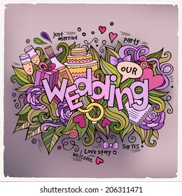Wedding hand lettering and doodles elements background. Vector illustration