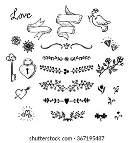 Wedding hand made graphic set flowers, ribbons and decorative elements. Vector design elements decorations for wedding. Hand made vintage design elements, designers toolkit.