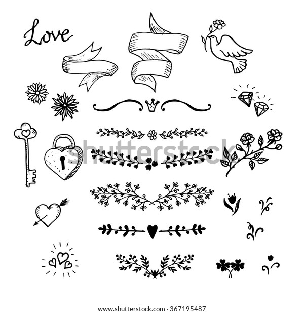 Wedding hand made\
graphic set flowers, ribbons and decorative elements. Vector design\
elements decorations for wedding. Hand made vintage design\
elements, designers\
toolkit.