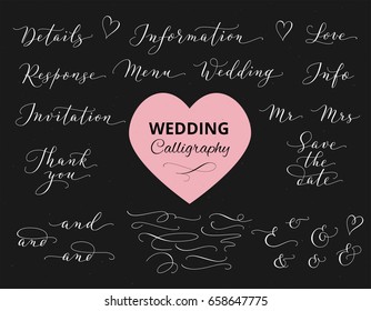 Wedding hand written custom calligraphy set on black. Save the date, love, information, response, details, thank you, menu words. Great for wedding invitations design, cards, banners, photo overlays. 