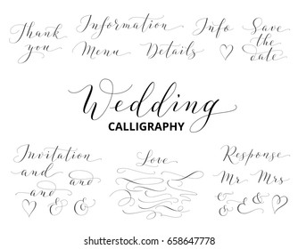 Wedding hand written custom calligraphy set  isolated on white. Save the date, love, information, response, details, thank you, menu words. Great for wedding invitations, cards, photo overlays. 