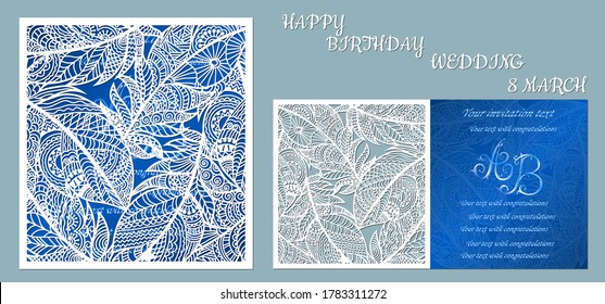 Wedding, happy birthday, 8 March. Greeting card with feathers. Envelope mock up for laser cutting. Template for laser, plotter cutting. blue.