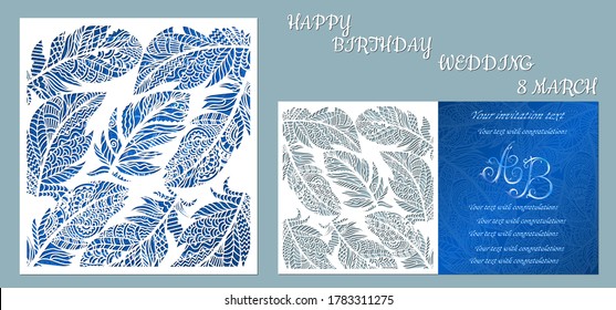 Wedding, happy birthday, 8 March. Greeting card with feathers. Envelope mock up for laser cutting. Template for laser, plotter cutting. blue.