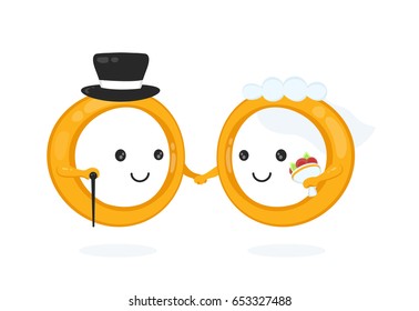 Wedding happy smiling rings. bride and groom. Vector modern flat style cartoon character illustration icon design.Isolated on white background
