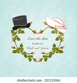 Wedding hats bride and groom at heart of roses on blue background with seamless pattern