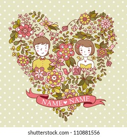 Wedding heart with flowers and birds. The bride and groom. wedding invitation with a place under the names of the newlyweds.