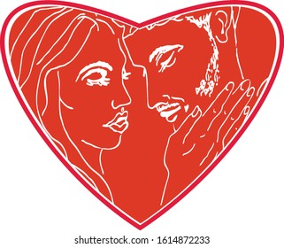Wedding heart print with a profile of two lovers a man and a woman