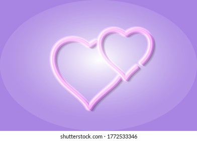 Wedding hearts glowing 3D symbol, card template. Realistic vector illustration. Lilac background.
