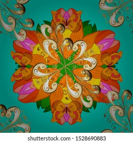 Wedding, holiday card. East, Islam, Indian, motifs. Orient, symmetry lace, fabric. Colored. Vintage vector decorative ornament. Arabic Mandala pattern on orange, yellow and blue colors. Ethnic texture