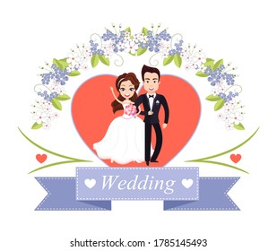 Wedding holiday card or invitation decorated by flowers, groom holding bride, couple standing in heart, smiling newlyweds characters, romantic day vector