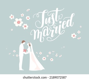 Wedding holiday illustration with bride and groom. Silhouette of a couple on blue background and flowers. Festive retro concept for a greeting, an announcement, an invitation or a poster