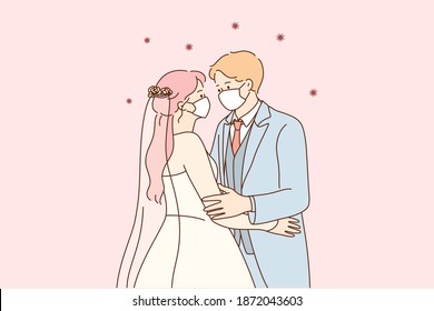 Wedding and holidays during coronavirus pandemic concept. Young loving family husband and wife in medical masks standing after marriage and looking at each other vector illustration 