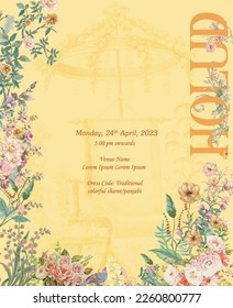 Wedding Holud Invitation Card Design with Wildflowers on a Yellow Background Vector Illustration.