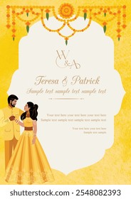 Wedding Holud Invitation Card Design with Couple on a Yellow Background Vector Illustration, Traditional Indian floral Wedding card, Wedding Invitation Design, Flowers, Watercolor background, Holud.