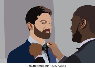  wedding or homosexual men marriage. LGBT couple with different races. Bearded man couple