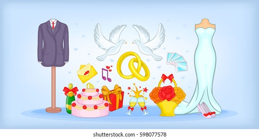 Wedding horizontal banner concept. Cartoon illustration of wedding vector horizontal banner for web