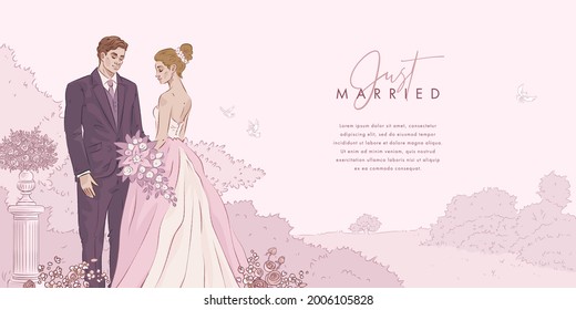 Wedding horizontal banner design template. Cute young married couple fashion beautiful bride with bouquet and handsome groom in stylish suit. Hand drawn vector illustration
