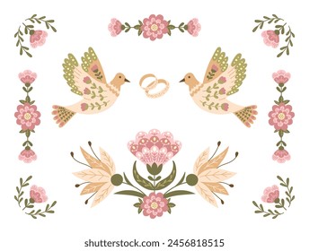 Hochzeit Horizontaler Banner oder Vorlage im floralen Volksstil mit Vögeln und Ringen in gedeckten Farben. Botanische Illustration für Hochzeit oder Verlobungseinladung isoliert auf weißem Hintergrund